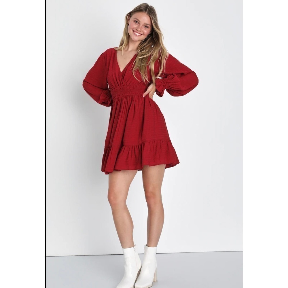 NWT Lulus Pretty Charming Wine Red Striped Red Ling Sleeve Mini Dress XS